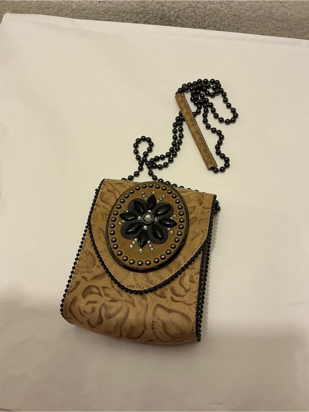 Romag Tan Floral Tooled Crossbody Bag with Black Beaded Chain Accent made in USA